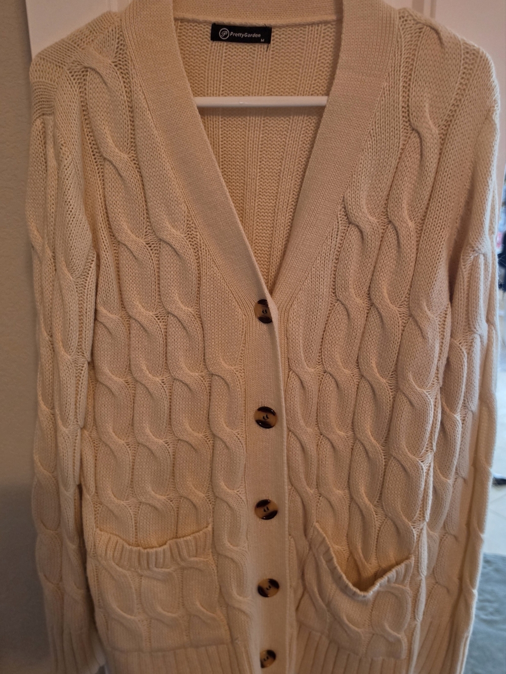 PrettyGarden Cream Cable-Pattern Button Cardigan